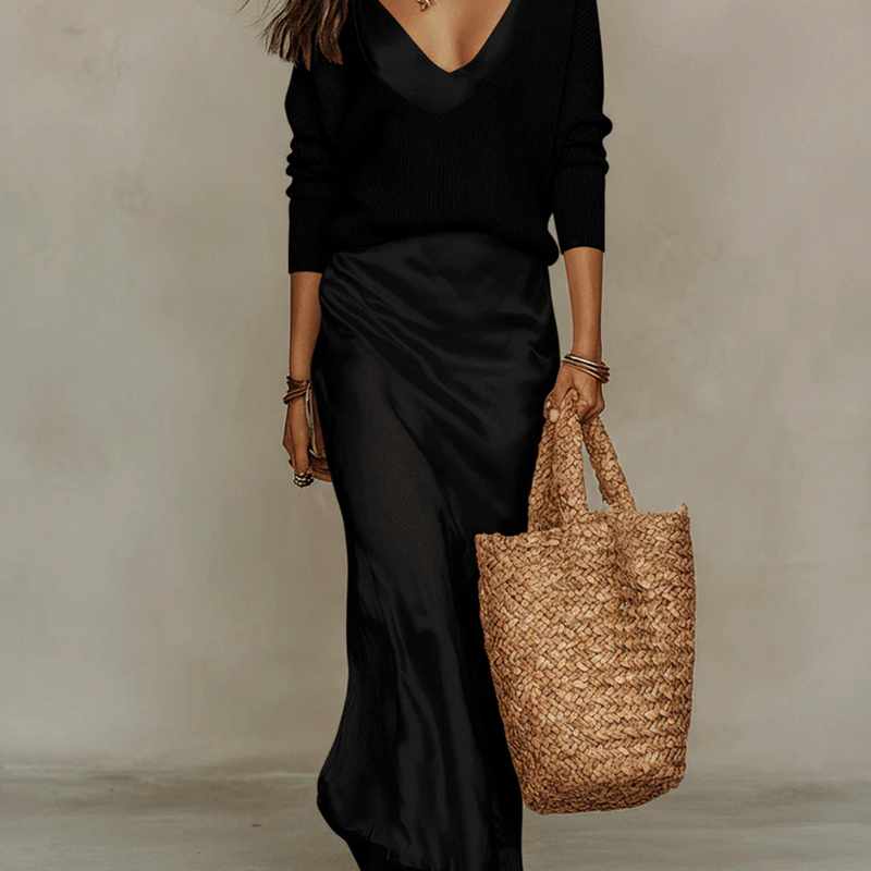 Abigail - Women’s Ribbed Sweater and Satin Dress Set
