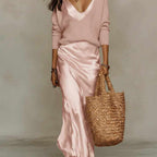 Abigail - Women’s Ribbed Sweater and Satin Dress Set