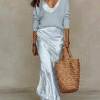 Abigail - Women’s Ribbed Sweater and Satin Dress Set