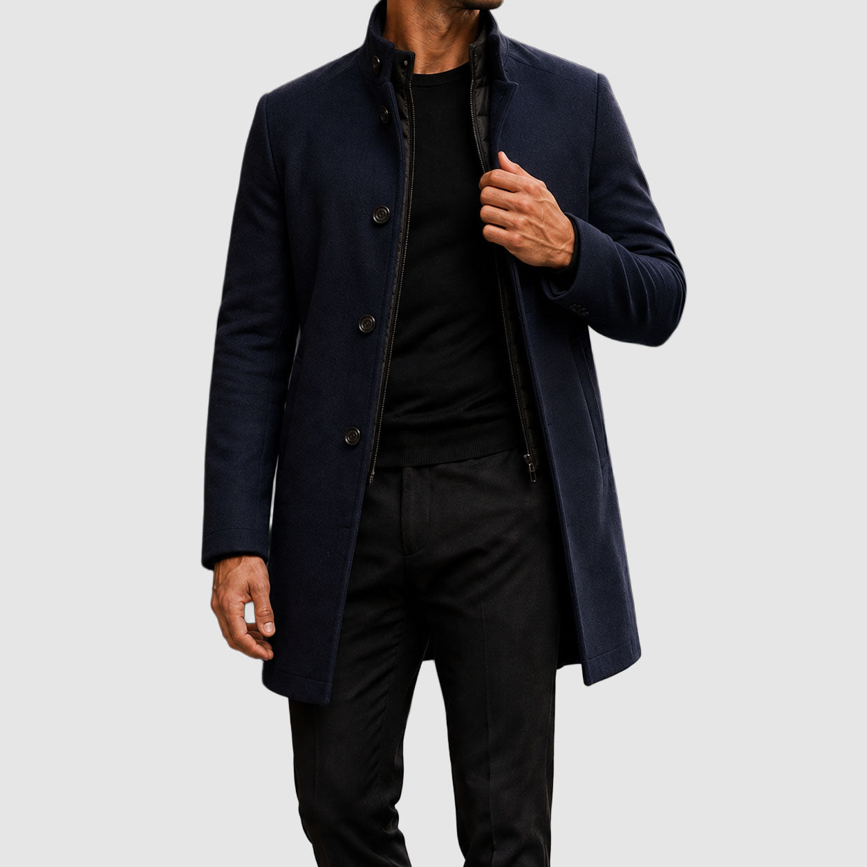 Alex - Men's Stand-Collar Button-Front Wool-Blend Overcoat