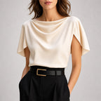 Alice - Women's Draped Cowl Neck Cape-Sleeve Blouse