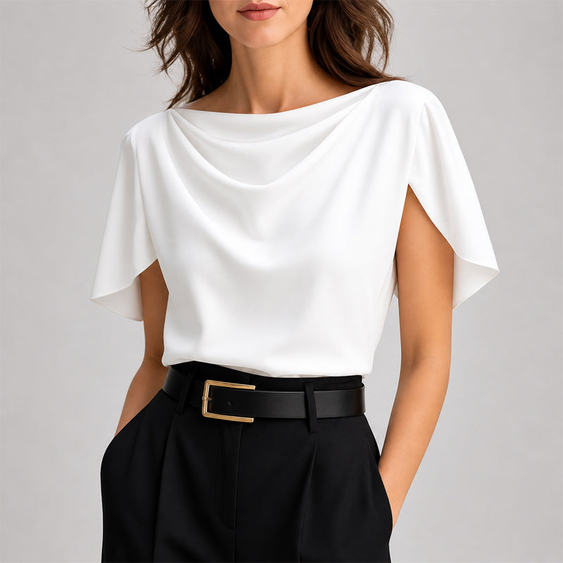 Alice - Women's Draped Cowl Neck Cape-Sleeve Blouse