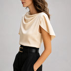 Alice - Women's Draped Cowl Neck Cape-Sleeve Blouse