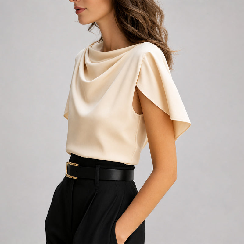 Alice - Women's Draped Cowl Neck Cape-Sleeve Blouse