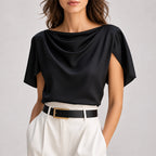 Alice - Women's Draped Cowl Neck Cape-Sleeve Blouse