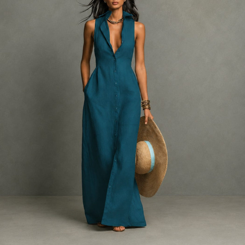 Amanda - Women's Sleeveless Button-Front Maxi Dress