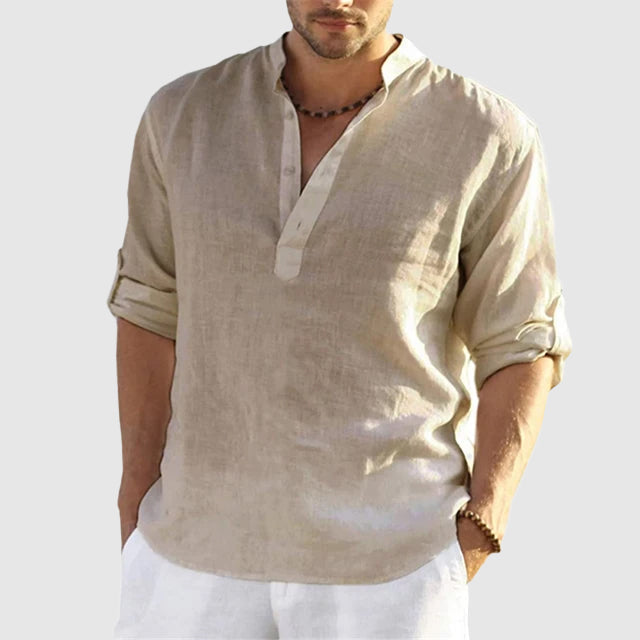 Andrew - Men's Linen Banded Collar Long Sleeve Shirt