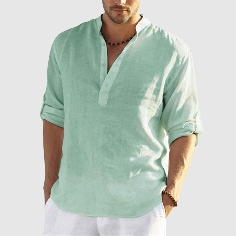 Andrew - Men's Linen Banded Collar Long Sleeve Shirt