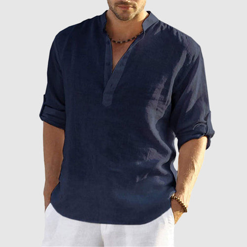 Andrew - Men's Linen Banded Collar Long Sleeve Shirt