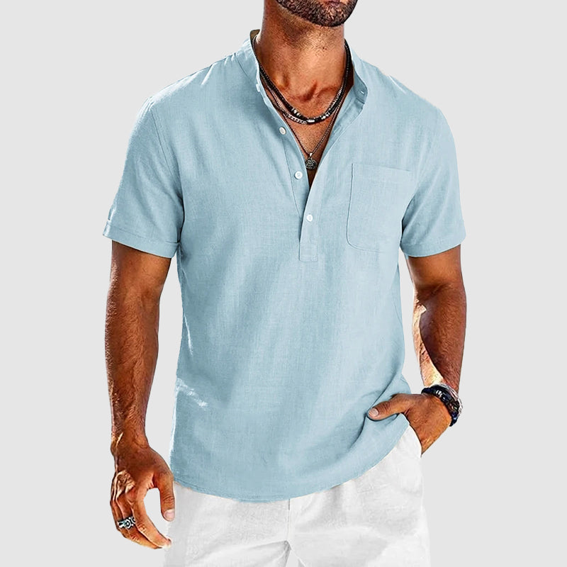 Arthur - Men's Short-Sleeve Band Collar Button Henley