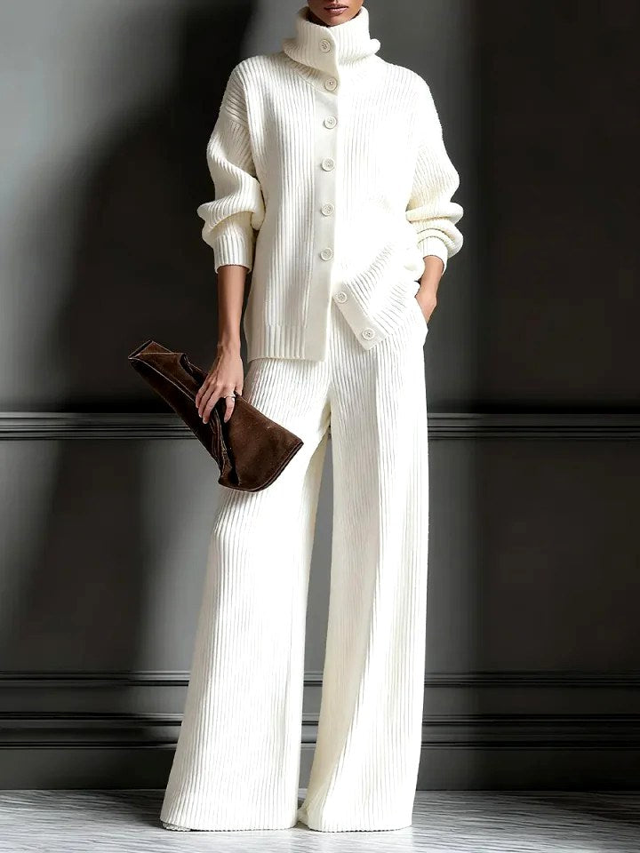 Audra - Women's Ribbed Turtleneck Cardigan & Pants Set