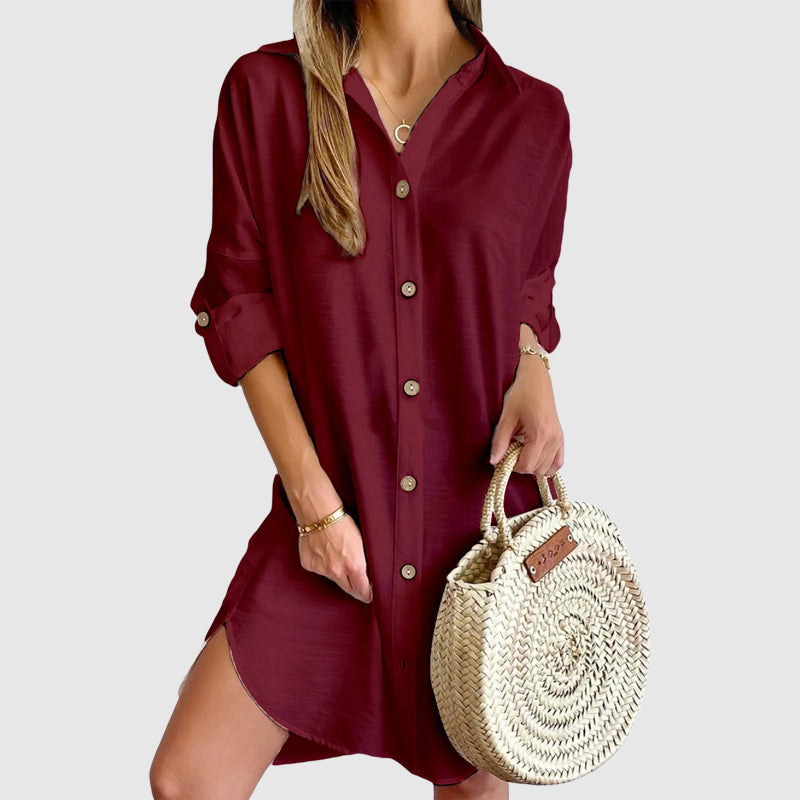Audrey - Women's Draped Collar Textured Mini Shirt Dress
