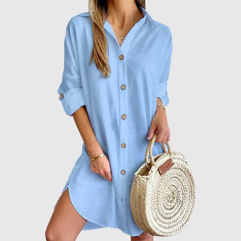 Audrey - Women's Draped Collar Textured Mini Shirt Dress