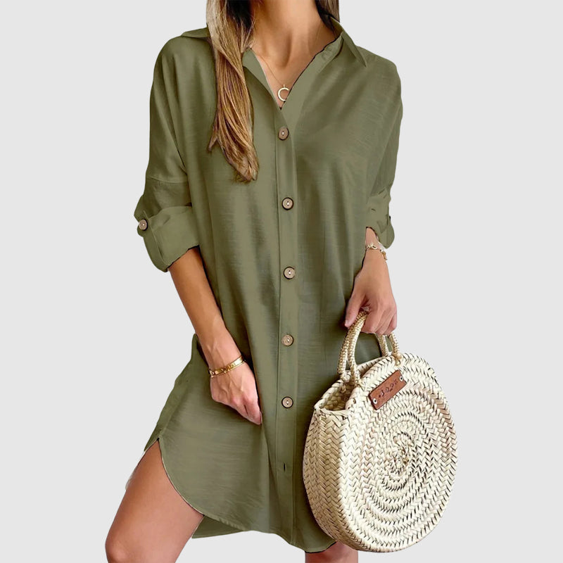 Audrey - Women's Draped Collar Textured Mini Shirt Dress