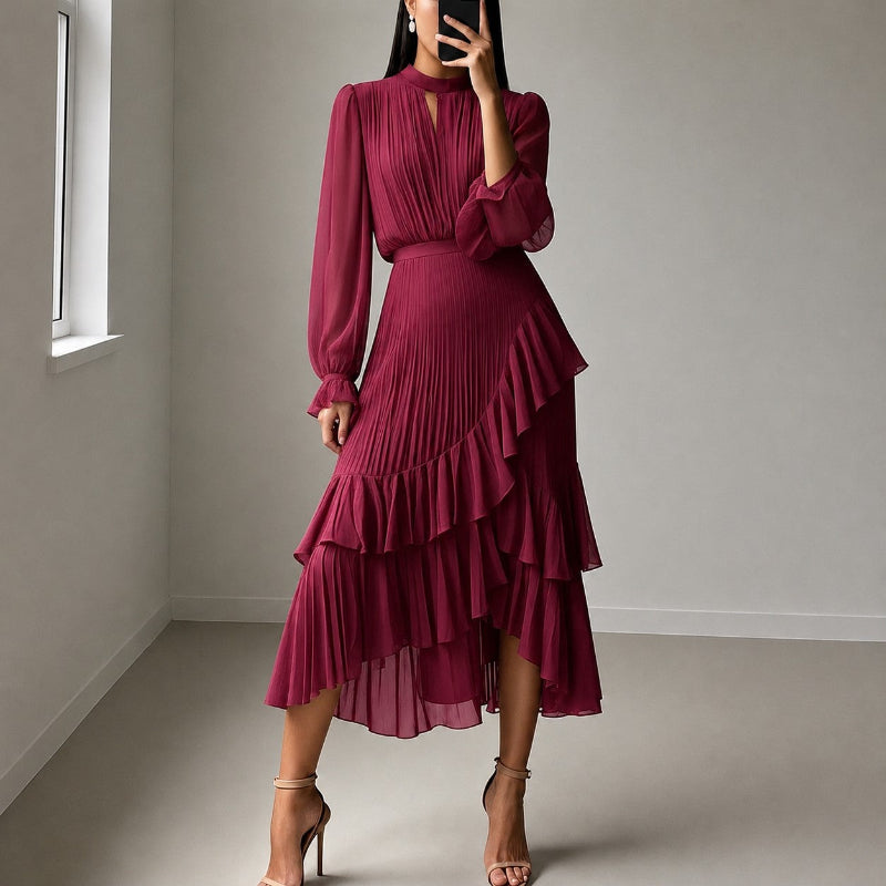 Brenda - Women’s Pleated Ruffle Midi Dress