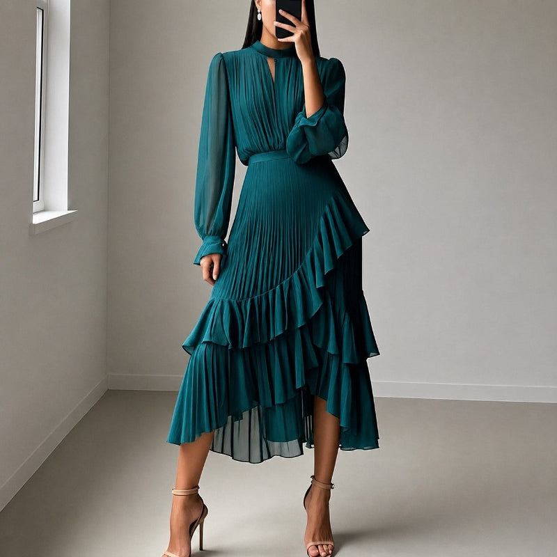 Brenda - Women’s Pleated Ruffle Midi Dress