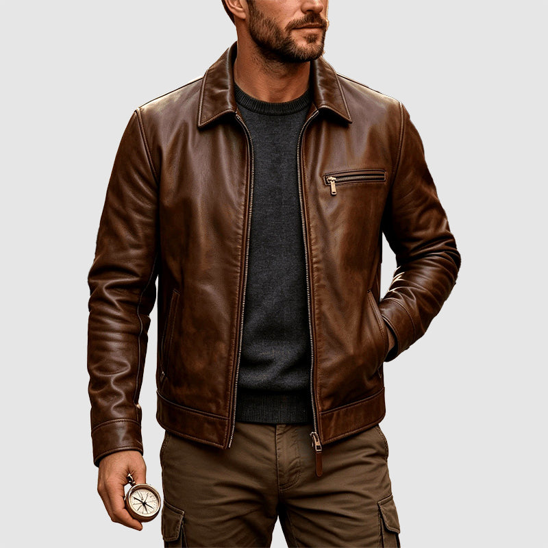 Calvin - Men's Leather Snap-Button Jacket