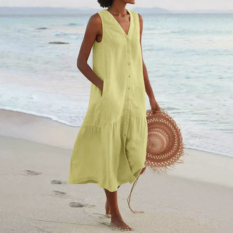 Camila - Women's Resort V-Neck Button-Front Maxi Dress