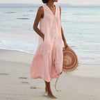 Camila - Women's Resort V-Neck Button-Front Maxi Dress