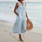 Camila - Women's Resort V-Neck Button-Front Maxi Dress