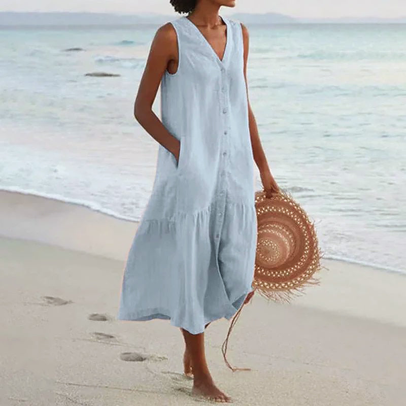 Camila - Women's Resort V-Neck Button-Front Maxi Dress