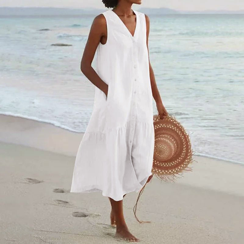 Camila - Women's Resort V-Neck Button-Front Maxi Dress