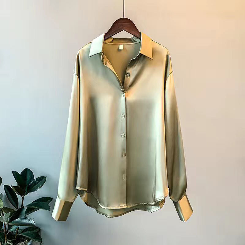 Caroline - Women's Glossy Long Sleeve Collared Blouse