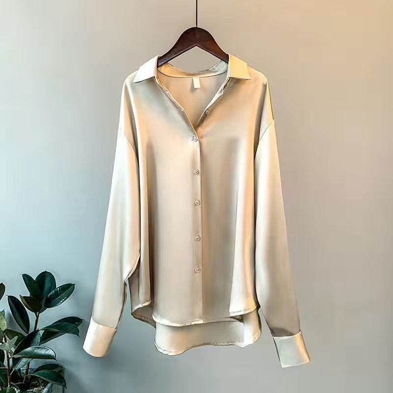 Caroline - Women's Glossy Long Sleeve Collared Blouse
