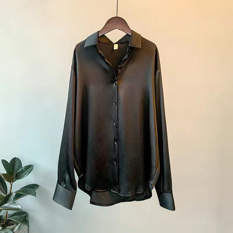 Caroline - Women's Glossy Long Sleeve Collared Blouse