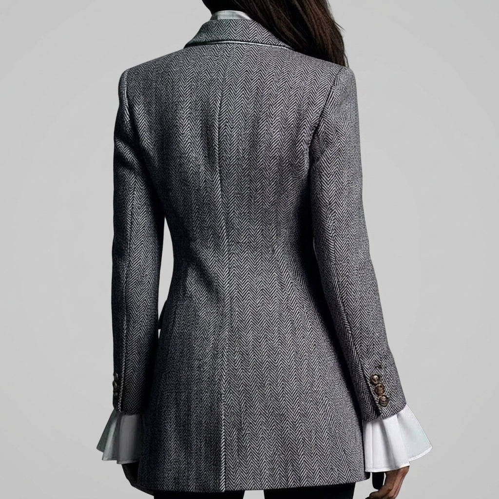 Cataleya - Women's Contrast-Piped Herringbone Tailored Blazer