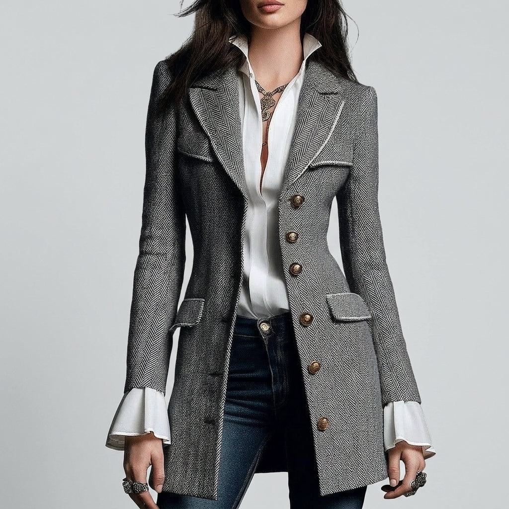 Cataleya - Women's Contrast-Piped Herringbone Tailored Blazer