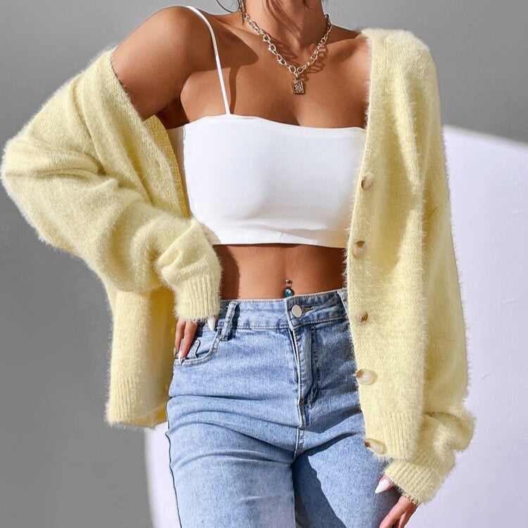 Chelsea - Women's Fuzzy V-Neck Button-Front Cardigan