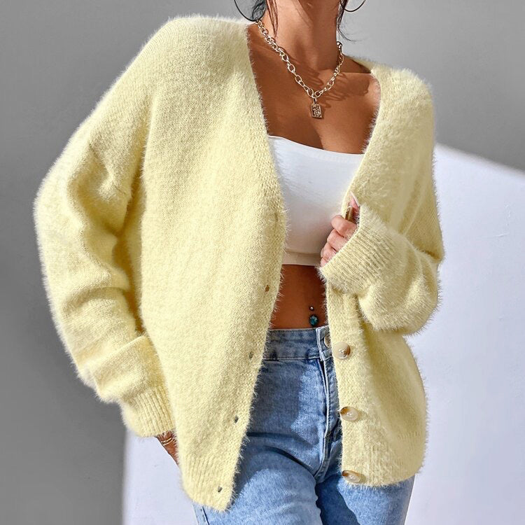 Chelsea - Women's Fuzzy V-Neck Button-Front Cardigan
