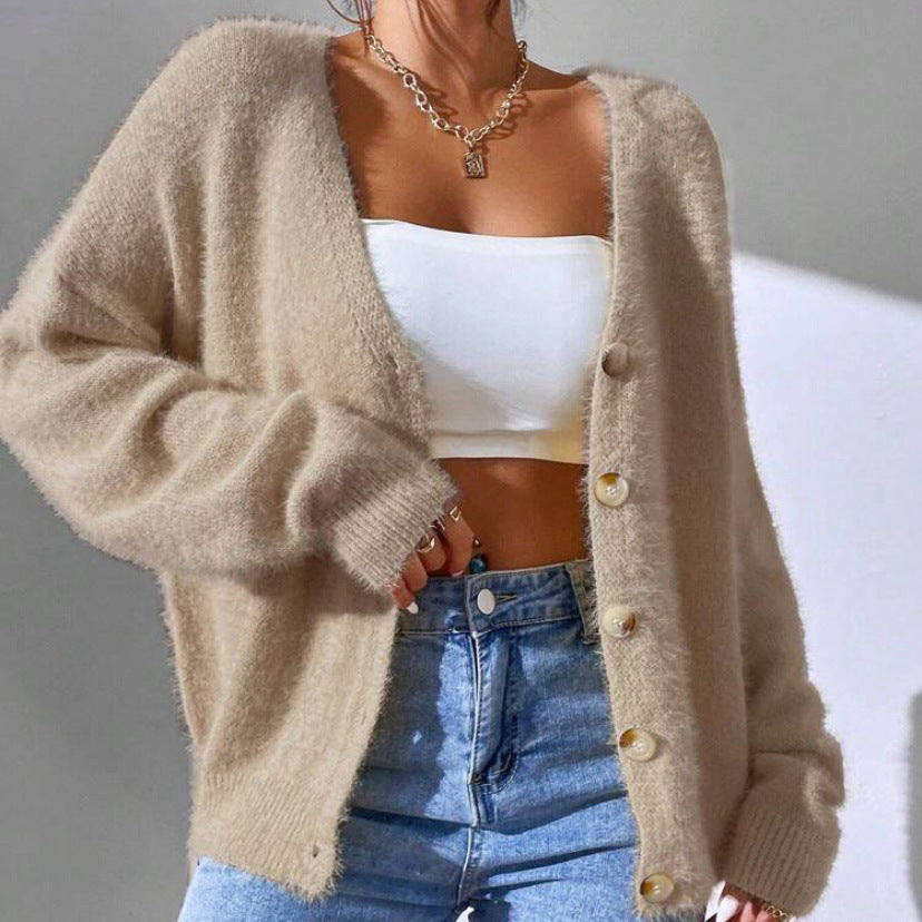 Chelsea - Women's Fuzzy V-Neck Button-Front Cardigan