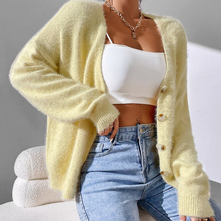 Chelsea - Women's Fuzzy V-Neck Button-Front Cardigan