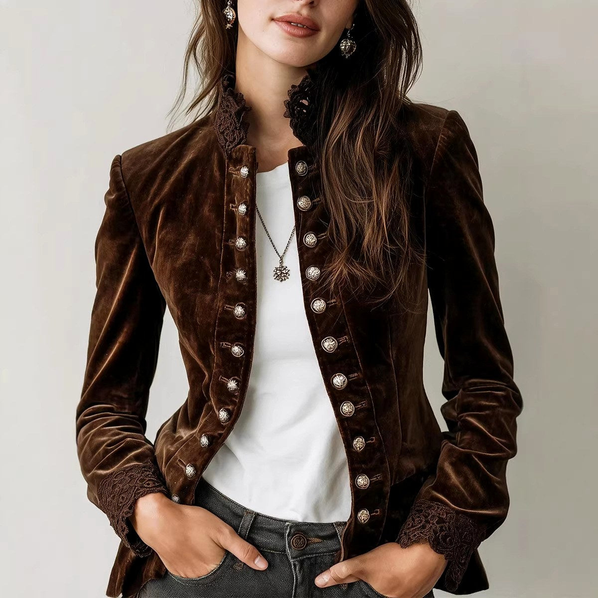 Chelsie - Women's Vintage Velvet Lace Trim Blazer