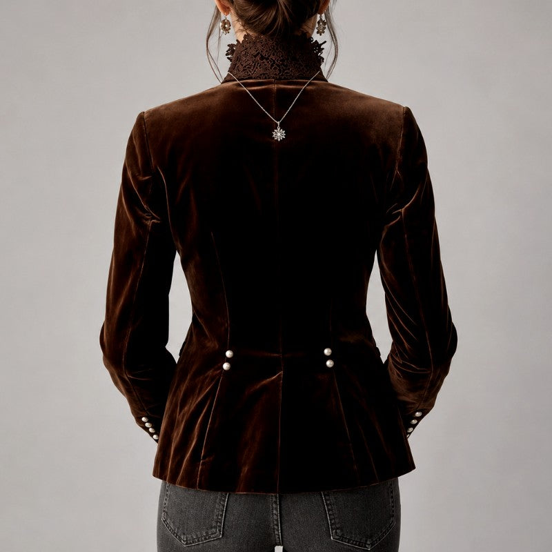 Chelsie - Women's Vintage Velvet Lace Trim Blazer