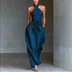 Delilah - Block High-neck Tie Pocket Jumpsuit