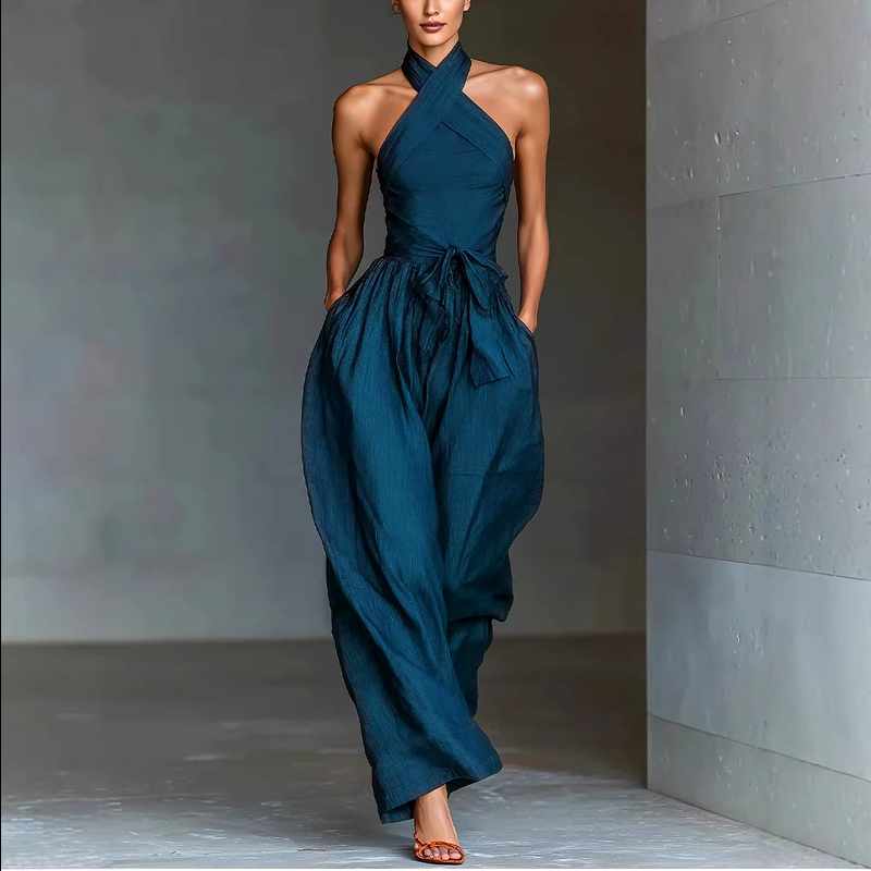 Delilah - Block High-neck Tie Pocket Jumpsuit