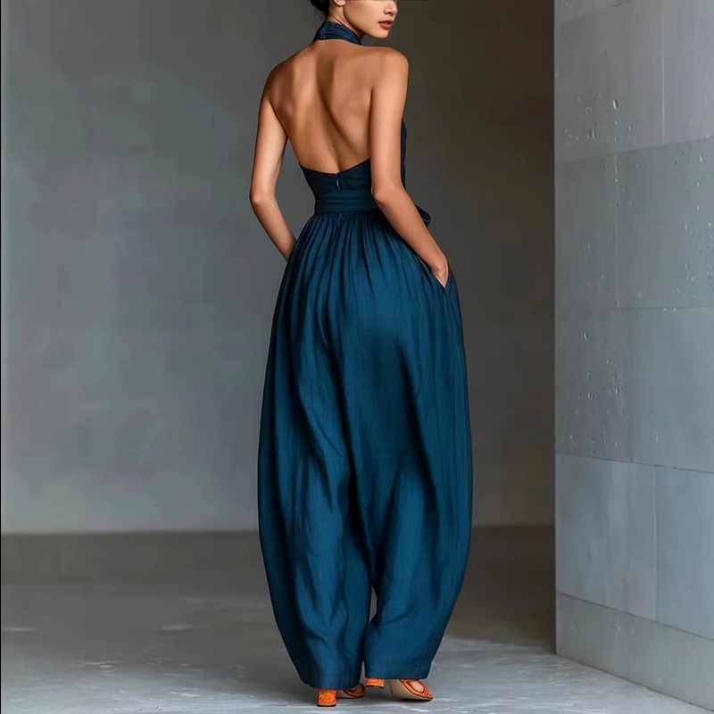 Delilah - Block High-neck Tie Pocket Jumpsuit