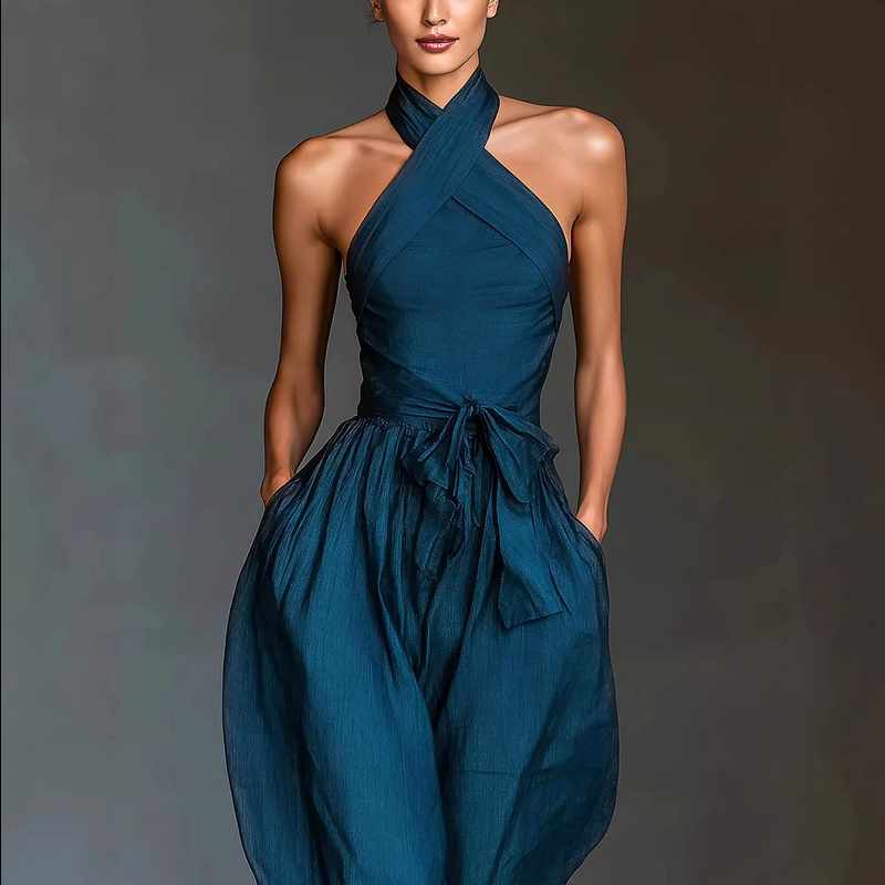 Delilah - Block High-neck Tie Pocket Jumpsuit