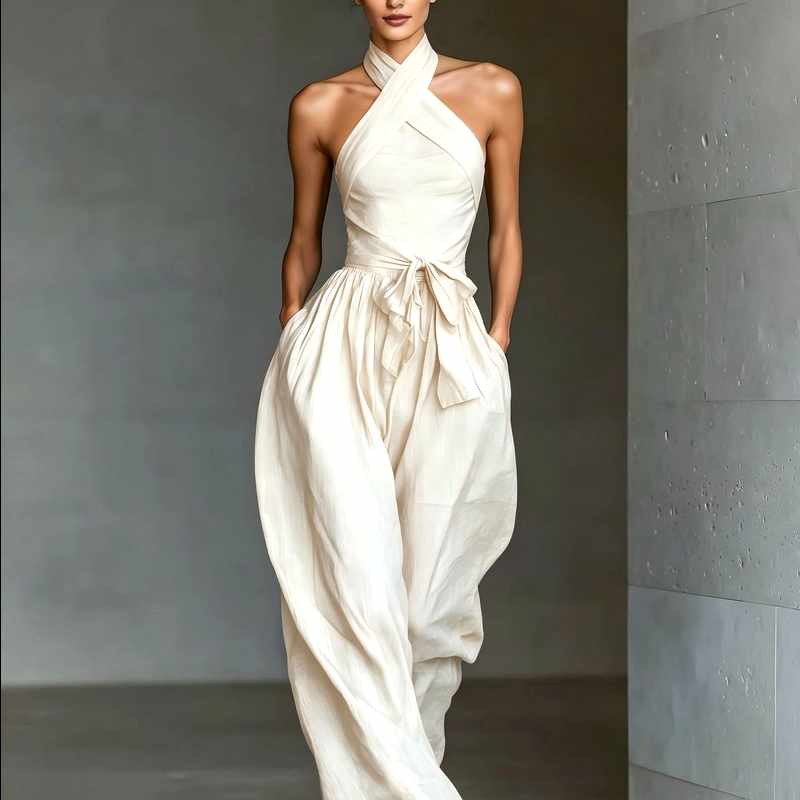 Delilah - Block High-neck Tie Pocket Jumpsuit