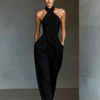 Delilah - Block High-neck Tie Pocket Jumpsuit