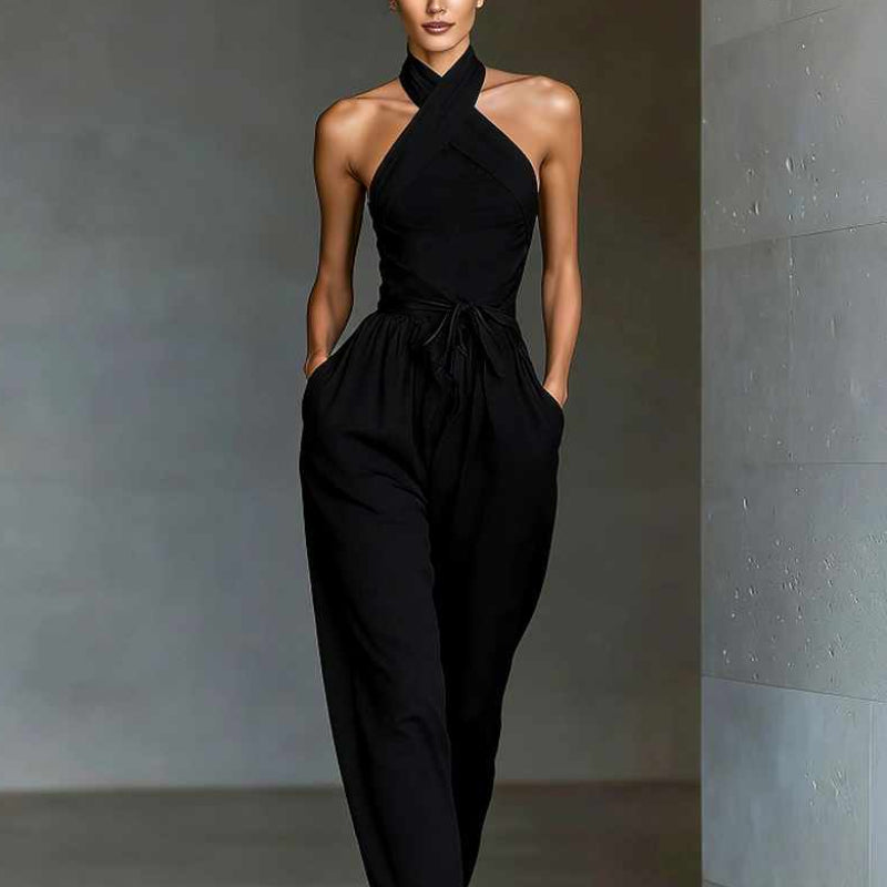 Delilah - Block High-neck Tie Pocket Jumpsuit