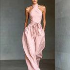 Delilah - Block High-neck Tie Pocket Jumpsuit