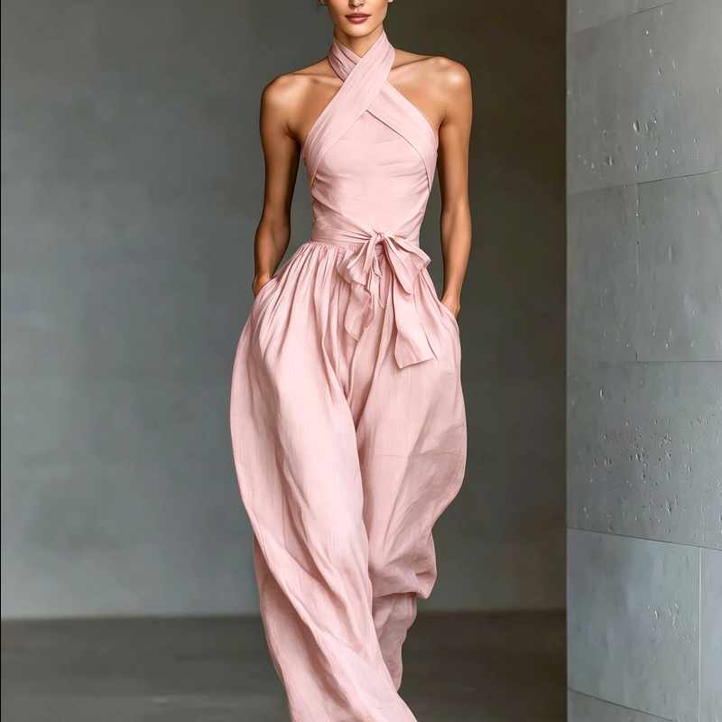 Delilah - Block High-neck Tie Pocket Jumpsuit