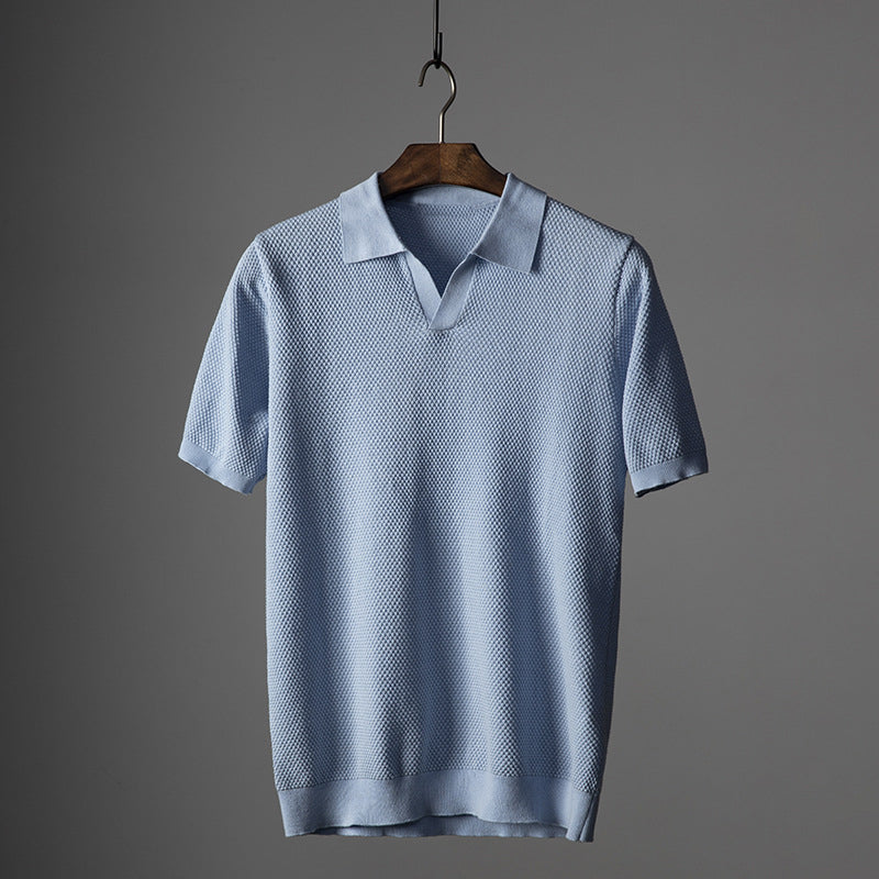 Derek - Men's Textured Knit Open Collar Polo Shirt