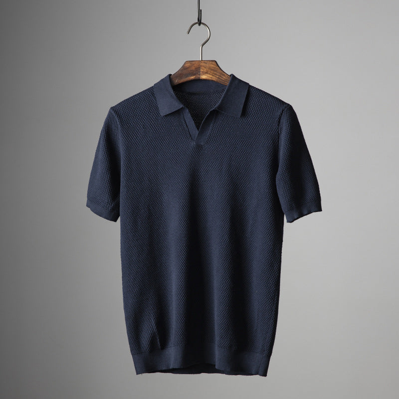 Derek - Men's Textured Knit Open Collar Polo Shirt