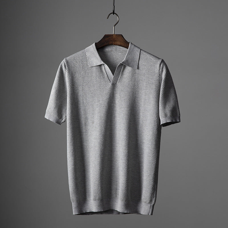 Derek - Men's Textured Knit Open Collar Polo Shirt