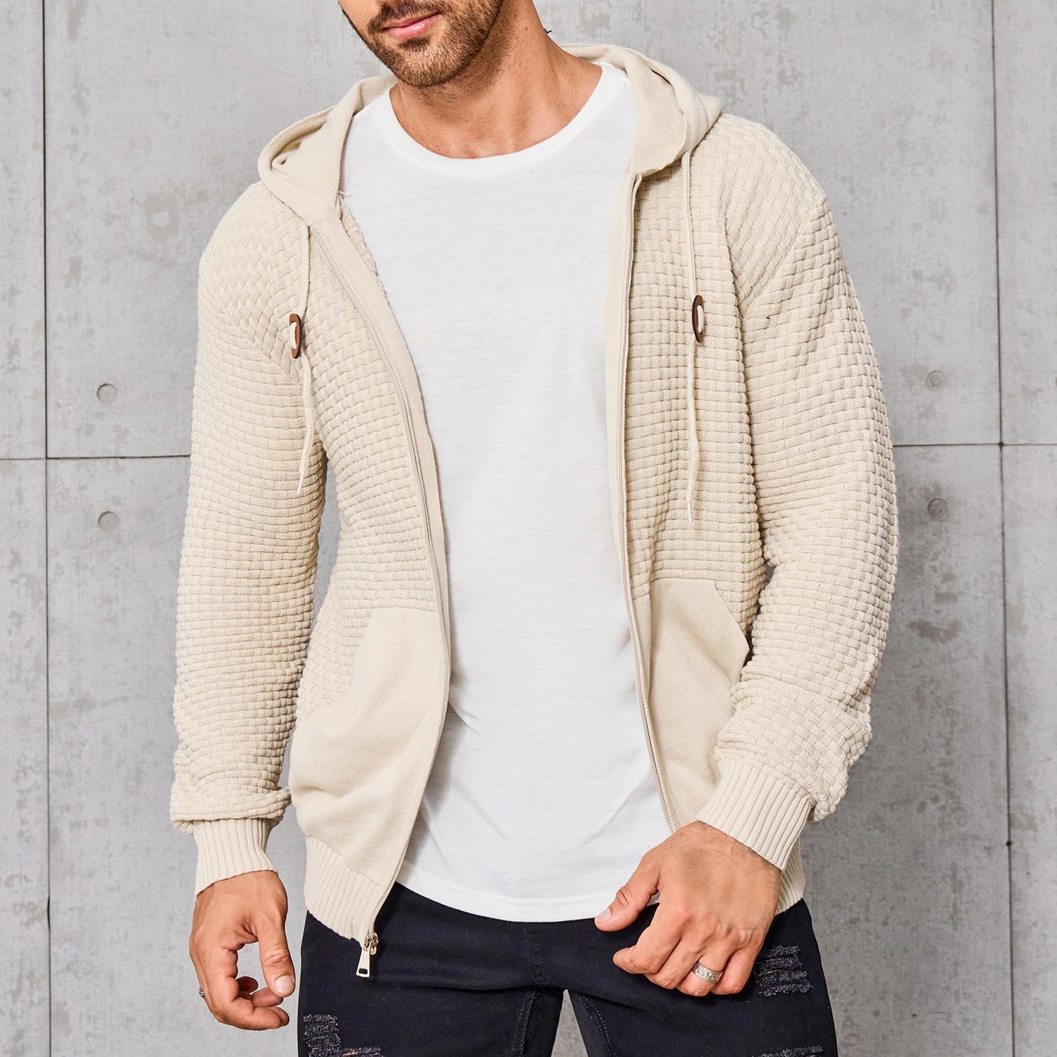 Derek - Men's Textured Knit Zip-Up Hoodie